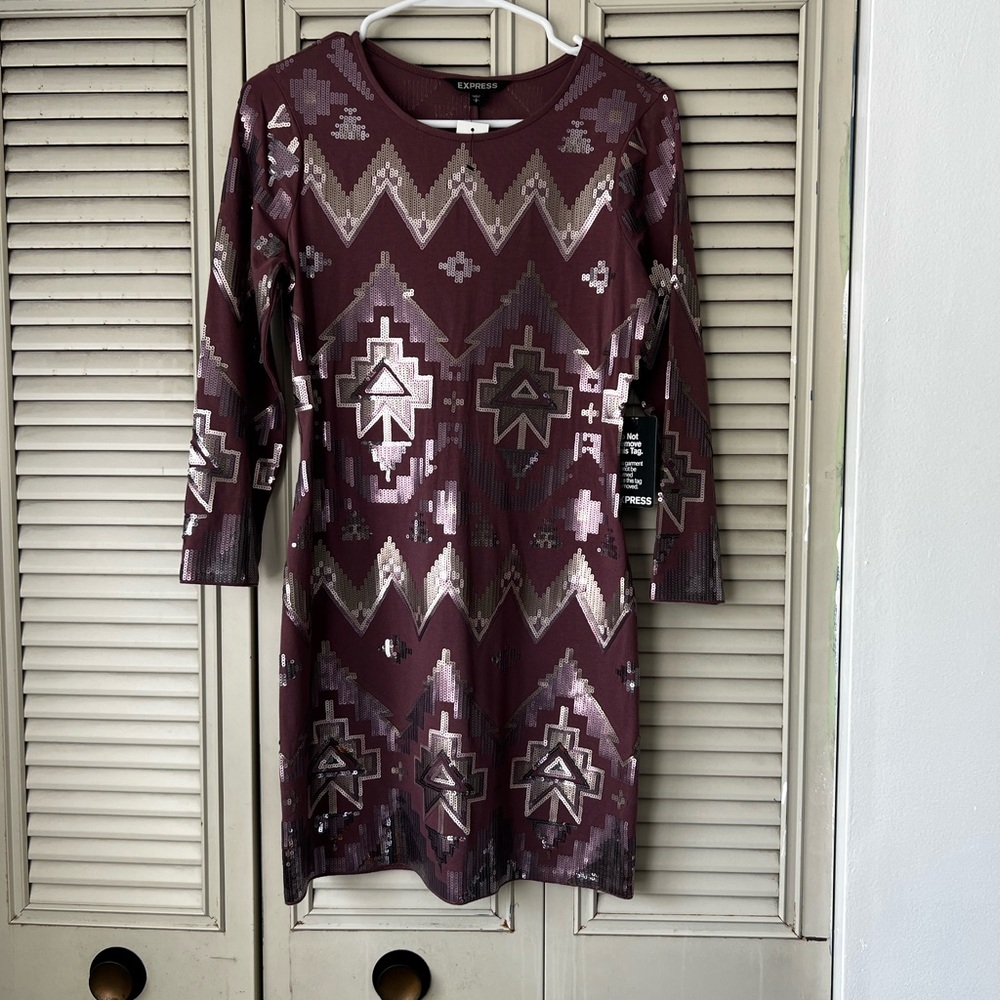 Express Aztec Southwestern Sequin Purple Long Sleeve Stretch Bodycon Dress Small